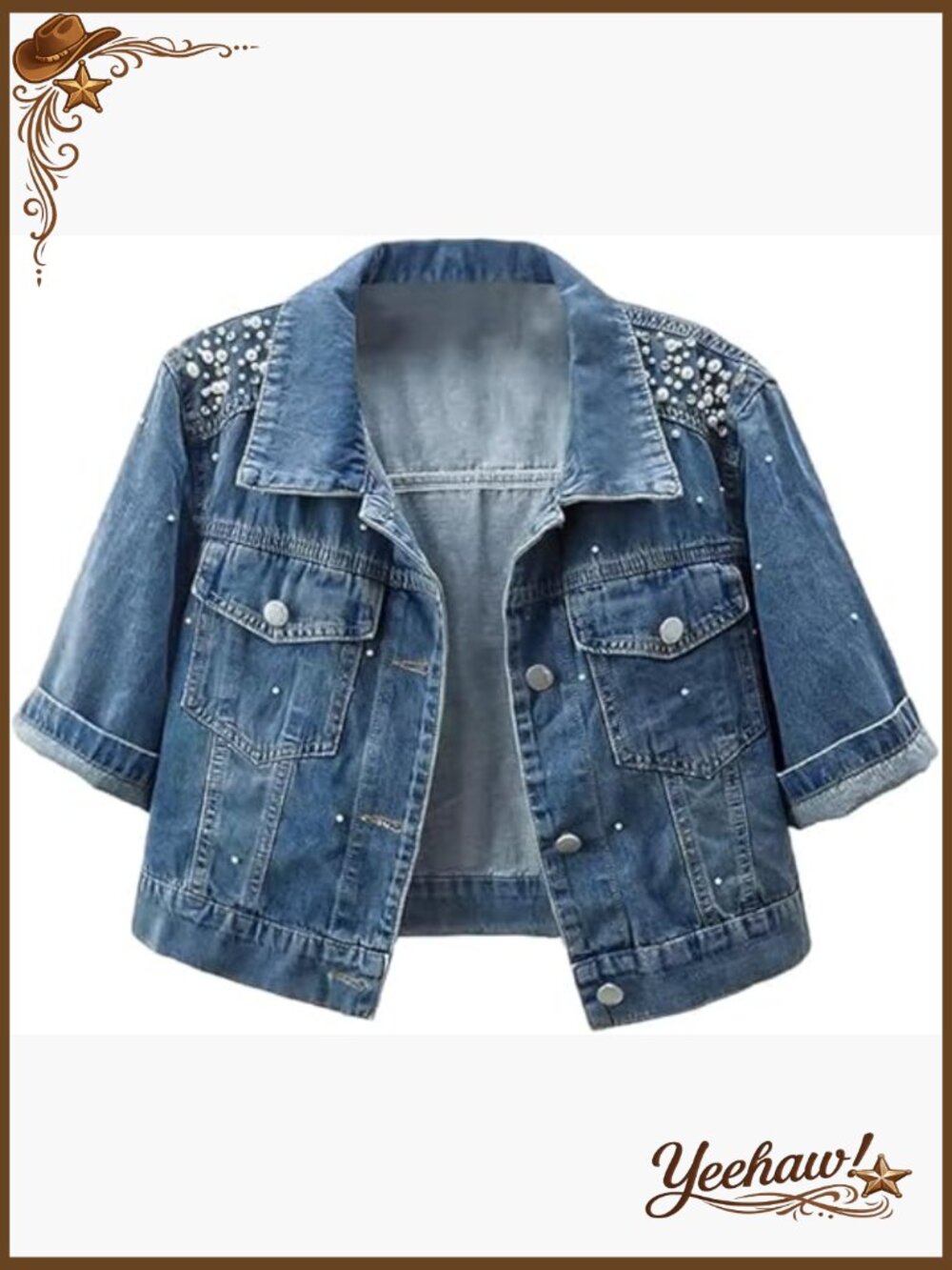 Cropped Rhinestone Pearl Denim Jacket 3/4 Sleeve Trucker Coat